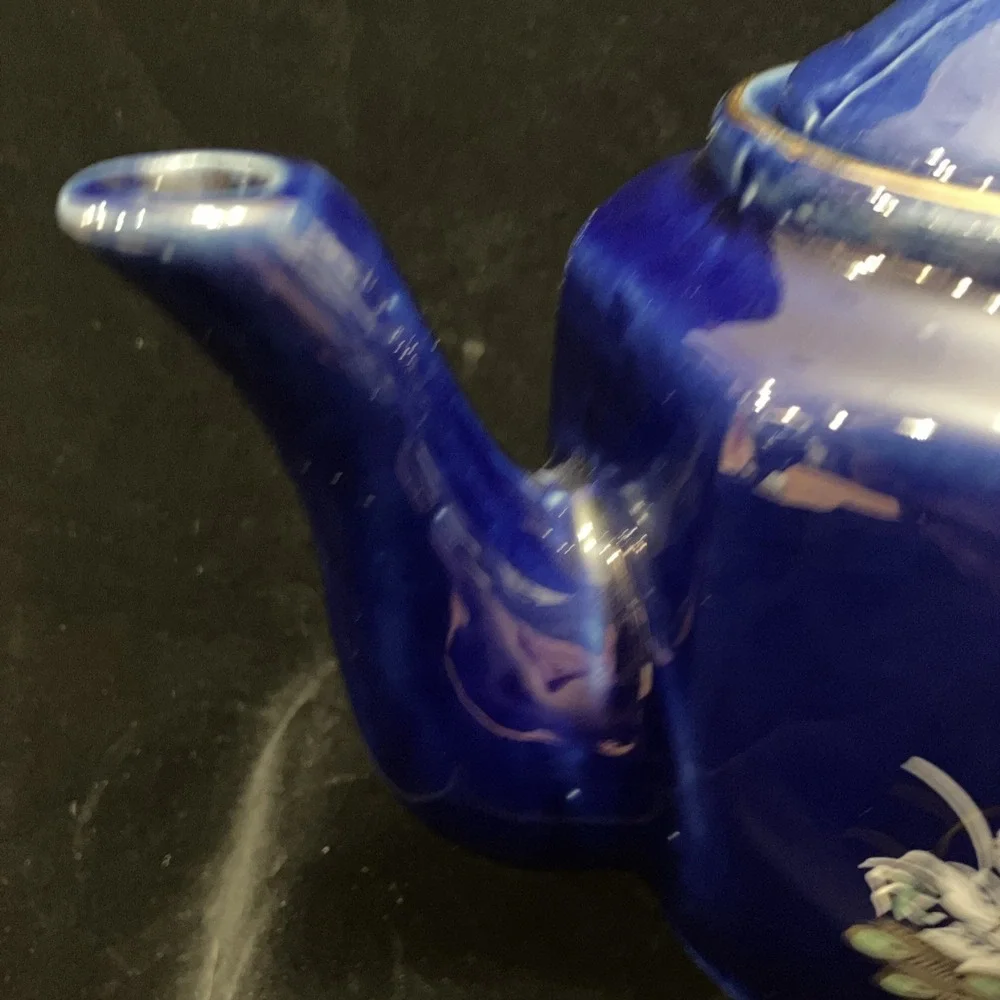 Cobalt Blue Porcelain Tea Pot Gold Trim Peacock Coffee Teapot Taiwan 4.5” W/ Lid